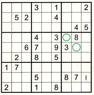 Sudoku grid with numbers partially filled in, two cells (r4c7 and r5c8) are marked with green circles